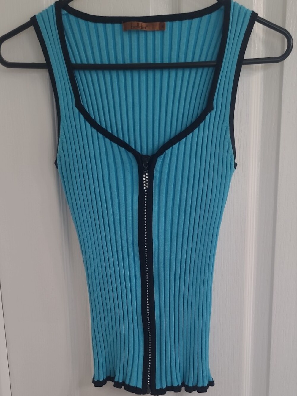 Belldini Ribbed Turquoise Knit Tank with Black Trim and Front Bling Zipper - Picture 2 of 7